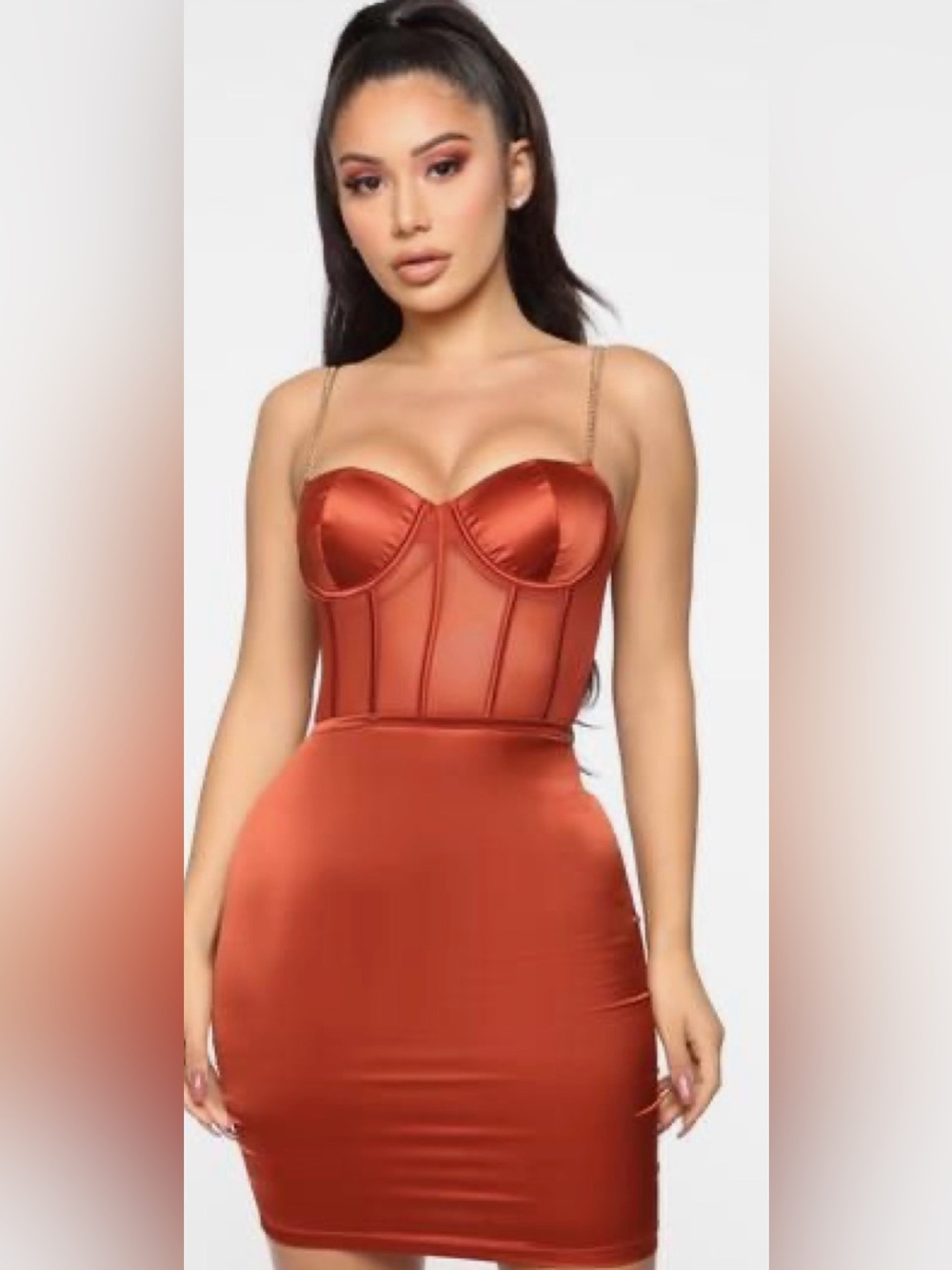 Fashion Nova Rust Satin Bustier Slip Dress with Gold Chain Straps